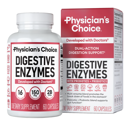 Physician's CHOICE Digestive Enzymes for Bloating & Digestion - Fast-Acting 16 Enzyme Formula with Organic Prebiotics & Probiotics for Gut & Digestive Health - Meal Time Discomfort Relief - 60 CT