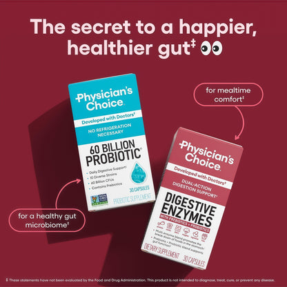 Physician's CHOICE Digestive Enzymes for Bloating & Digestion - Fast-Acting 16 Enzyme Formula with Organic Prebiotics & Probiotics for Gut & Digestive Health - Meal Time Discomfort Relief - 60 CT